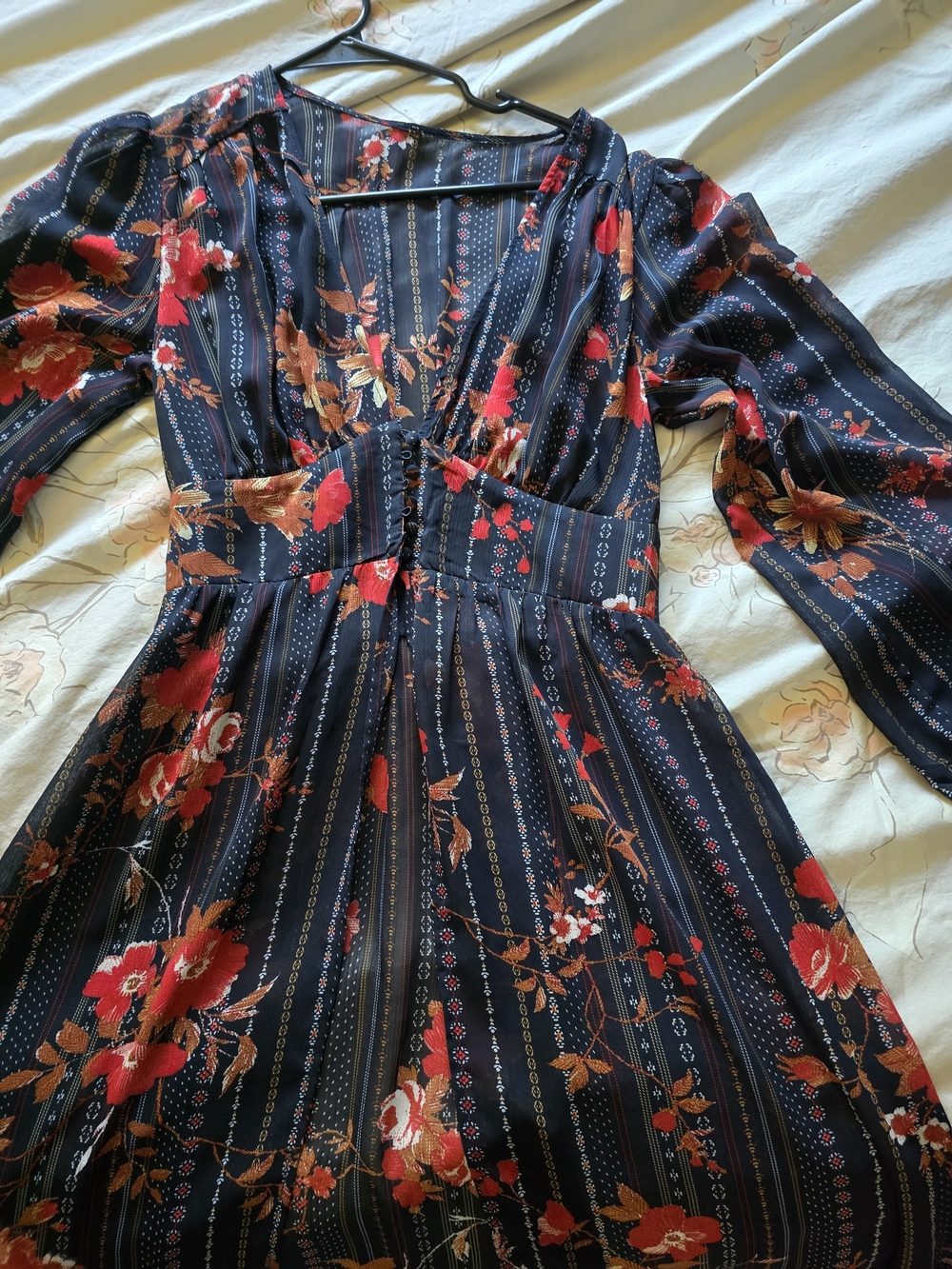 Navy Floral V-Neck Long Sleeve Midi Dress